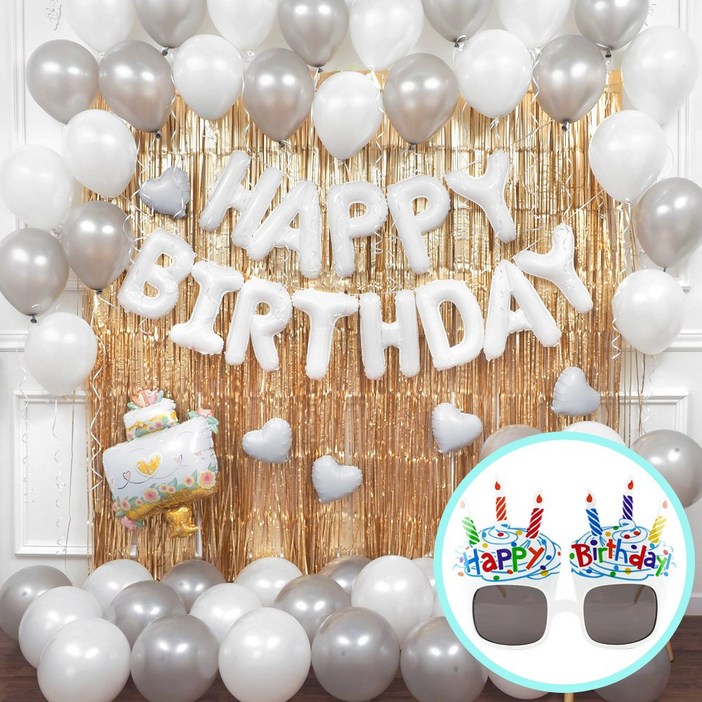 파티팡 생일파티 홈파티 장식 풀세트 손펌프증정 장식방법동봉 생일세트 풍선가랜드 생일안경 커튼세트, 화이트앤실버