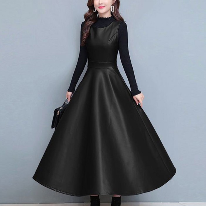 PEROLA 여성 PU 가죽 원피스 봄 가을 빅사이즈 롱 원피스 슬림핏 레더 끈나시 원피스 M4XL