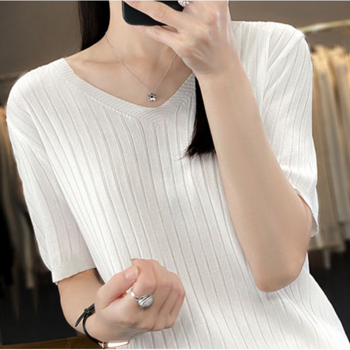 LEXLE 여성 베이직 심플 브이넥 골지 반팔 니트티