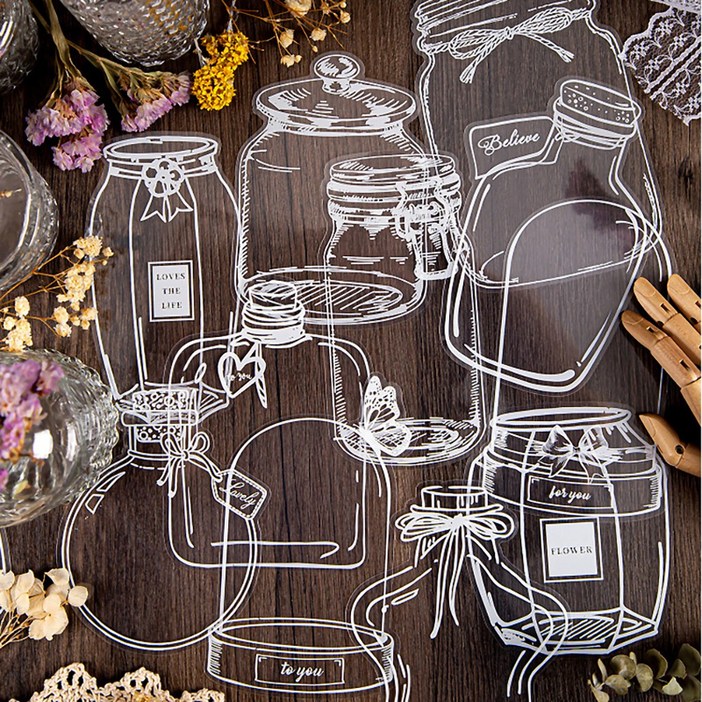 빅사이즈 화병스티커 6종 120매 꽃병 투명 책갈피 만들기 다이어리 꾸미기 다꾸 스티커, 120매