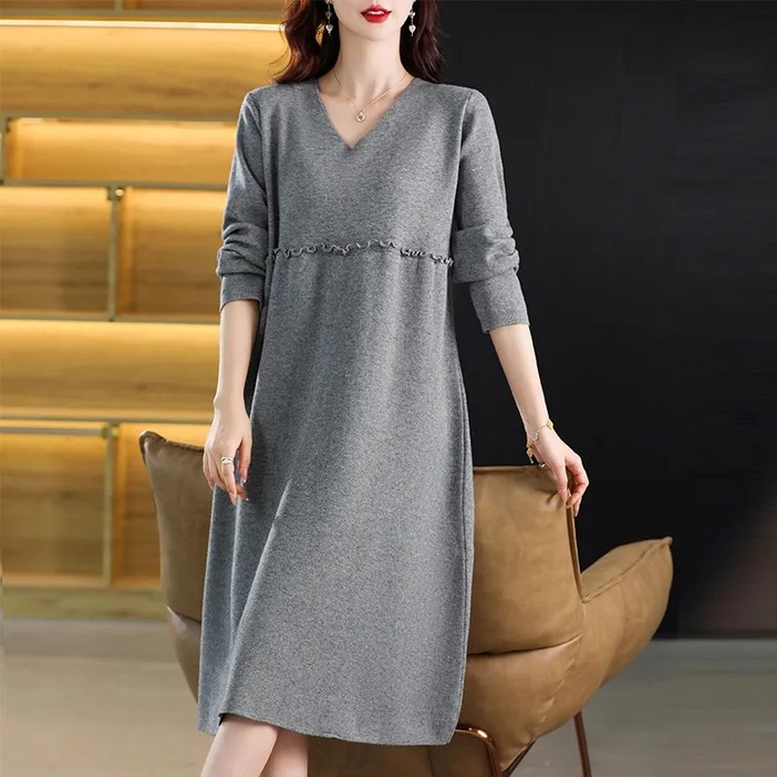 AOKADA 중년 여성 가을 겨울 오버핏 브이넥 30대 40대 50대 니트 롱 원피스