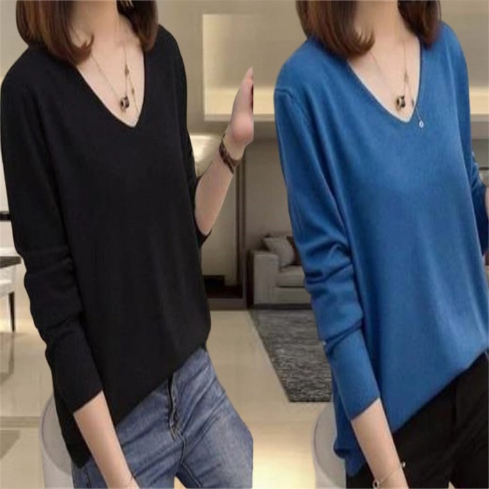 세일 추천 80kg까지 11 빅사이즈 여성 무지 브이넥 기본 이너 니트 티셔츠 가을 겨울 루즈핏 날씬해보이는 코디 상의 가을옷 우아한 패션 간절기 심플 검정 3xl 니트티