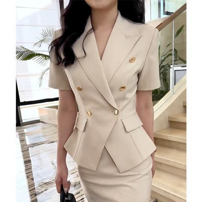 여성용 패션 정장 세트 봄 여름 기질 반팔 시크룩 정장 코트 상의 캐주얼 슬림핏 스커트 투피스 오피스룩 면접용 셋트 YMY