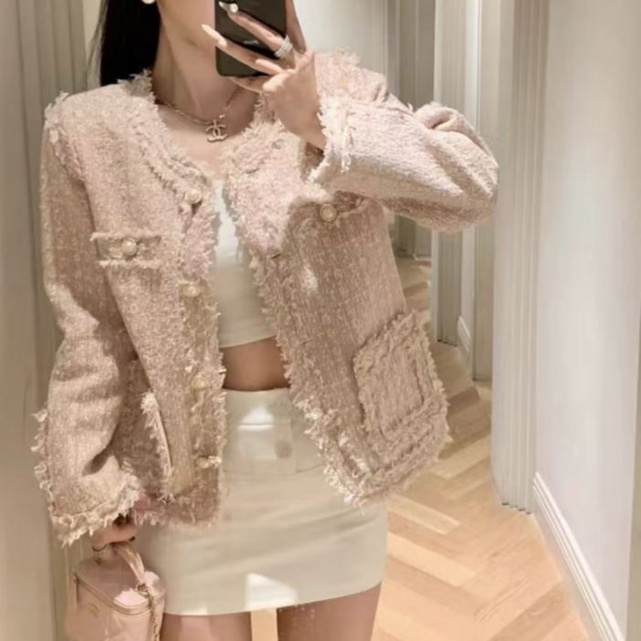 쁘띠엘라 프리미엄 긴팔 트위드 자켓 하객룩 부클 수술장식 노카라