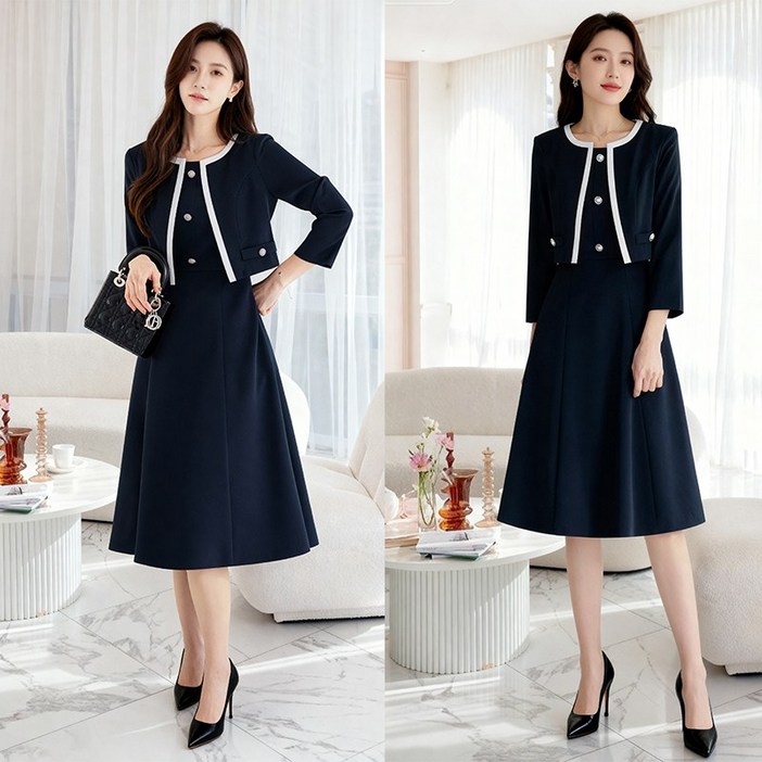 비비디아 여성 레이어드 배색 자켓형 플레어 원피스 하객룩 오피스룩 5588