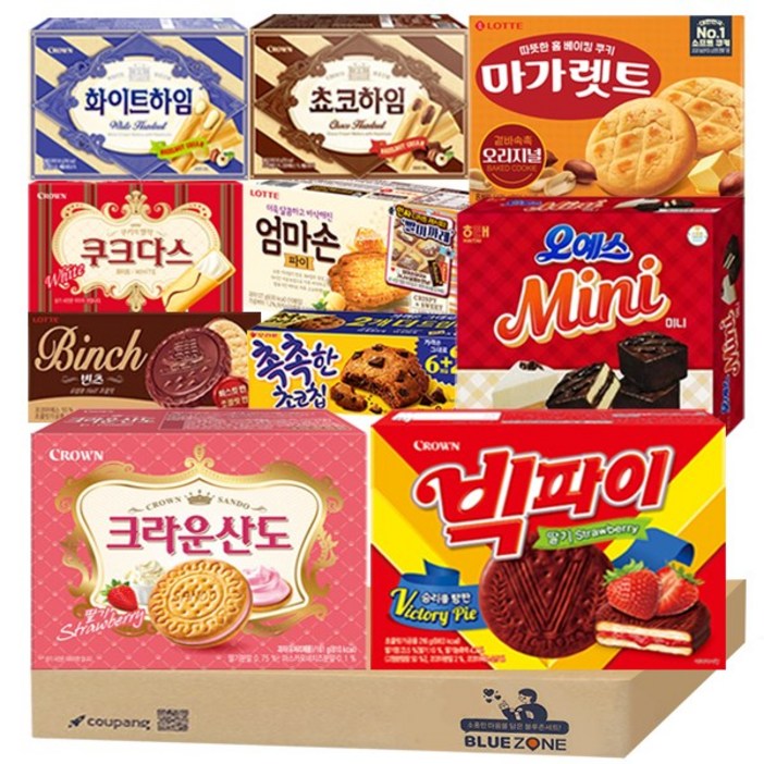 블루존 사무실 과자 10종 쿠크다스화이트쵸코하임화이트하임크라운산도딸기빅파이오예스Mini마가렛트빈츠엄마손파이촉촉한초코칩, 1세트