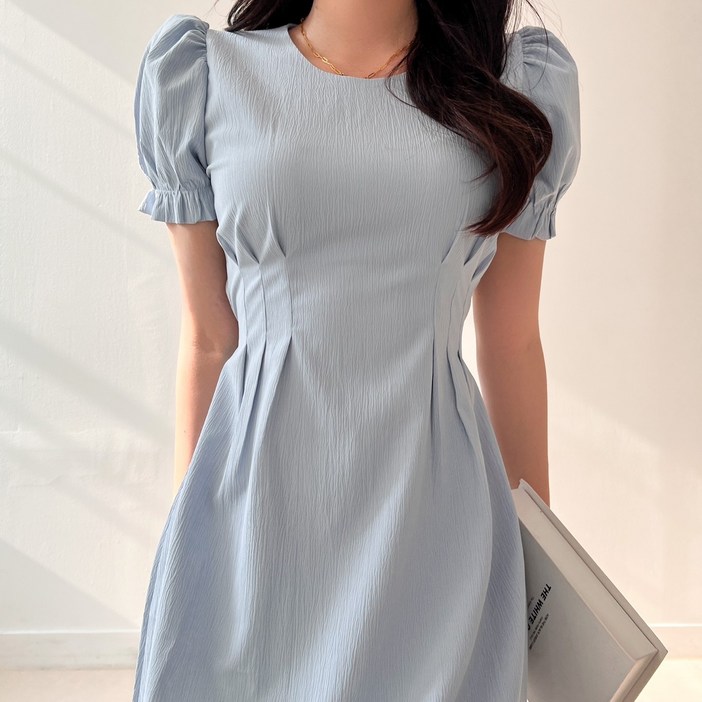 투디 린넨 플레어 라운드 반팔 핀턱 롱원피스, 3컬러