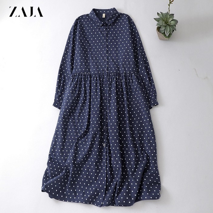 ZAJA 여성 면 롱 원피스 도트 긴팔 기본핏 데일리룩