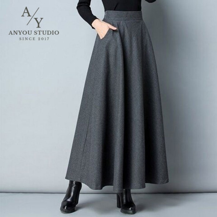ANYOU 모직 스커트 모직 스커트 추동 치마 롱 스커트 롱 스커트 무지 모직물군 무지 스커트 왕단치마