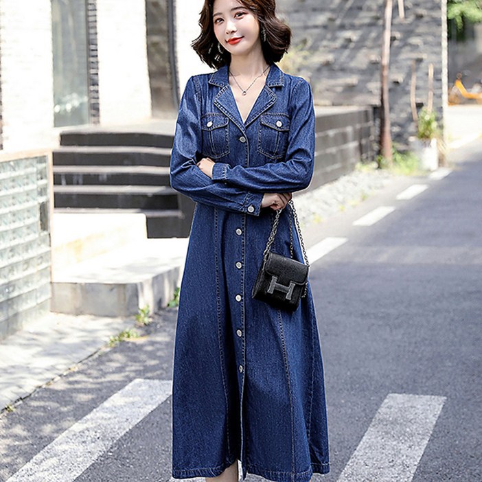 아로하스타일 카라넥 데님 셔츠 긴팔 청원피스 데일리룩