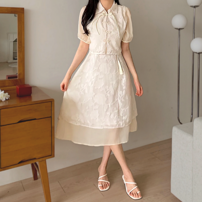 시온 여성 개량한복 쉬폰 원피스 가디건 세트