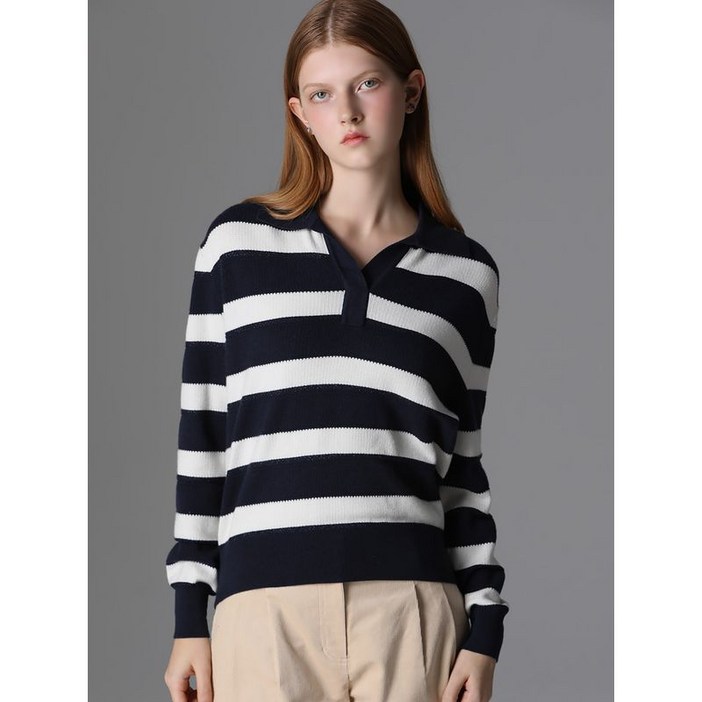 리스트 울 스트라이프 브이 칼라 니트