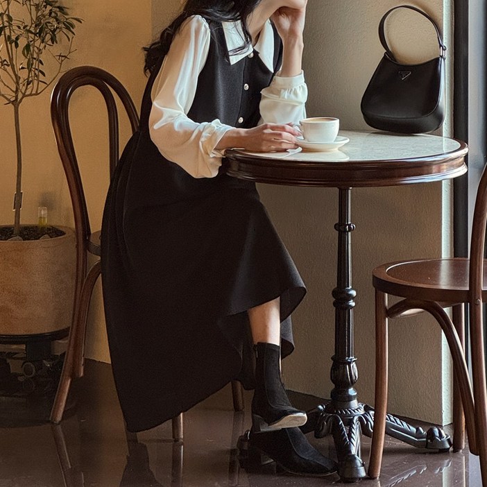 로로텐 트위드 배색 카라 롱 원피스 긴팔 허리끈 핀턱 여성 빅사이즈