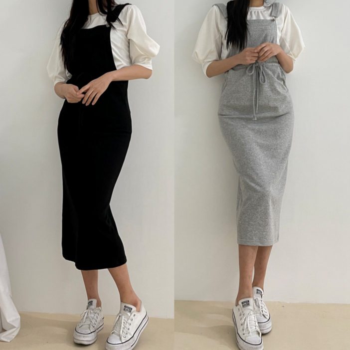 [에이스토리] 캐주얼 포켓 멜빵 원피스 쭈리 면 롱스커트