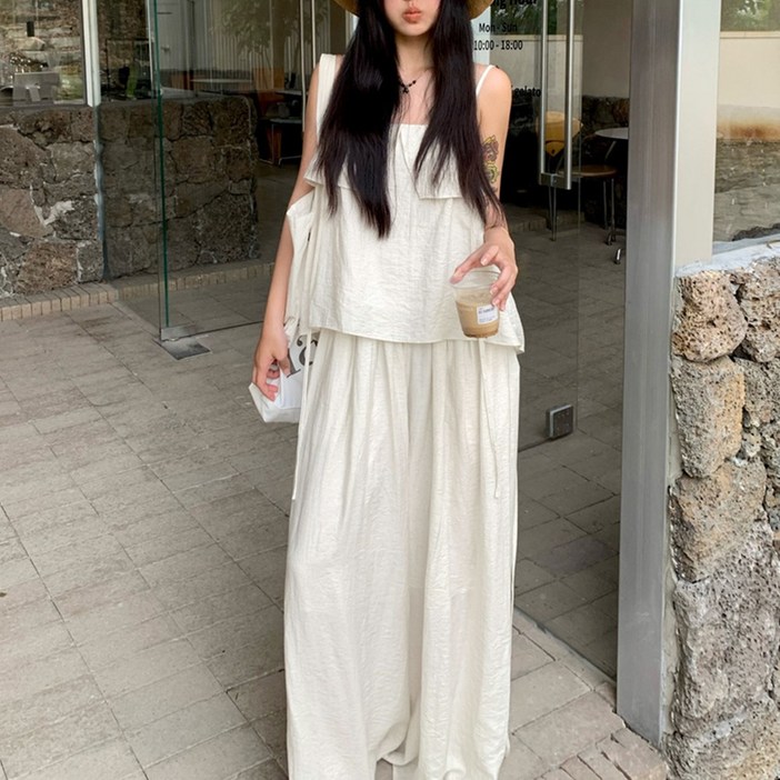 cammello 러플 스퀘어넥 끈나시  와이드 팬츠 셋업 바캉스룩 상하의세트