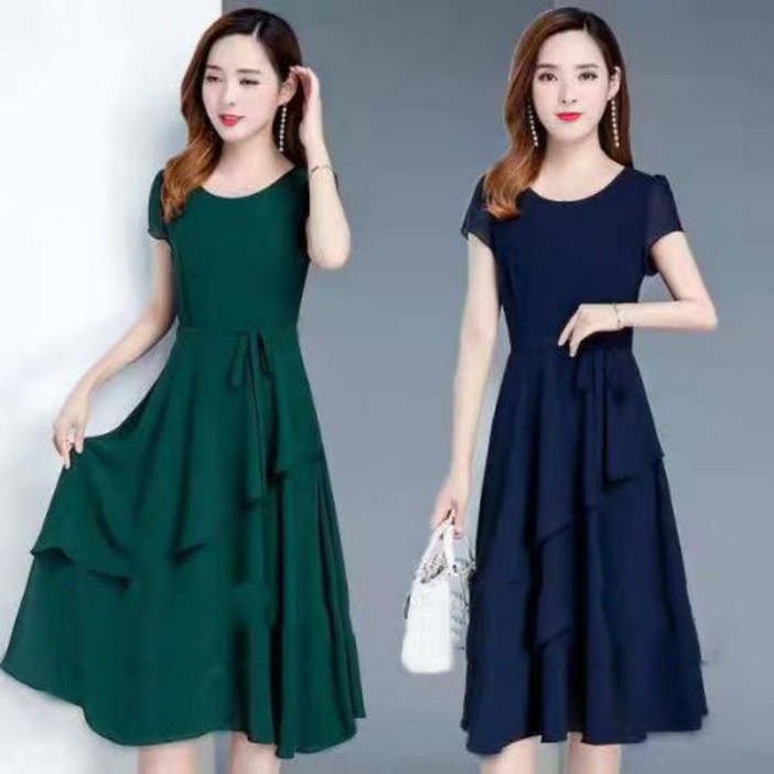 11 중년 여성 반팔 원피스 캐주얼 봄 여름 엄마 원피스 루즈핏 기질 라운드 롱 원피스 CY