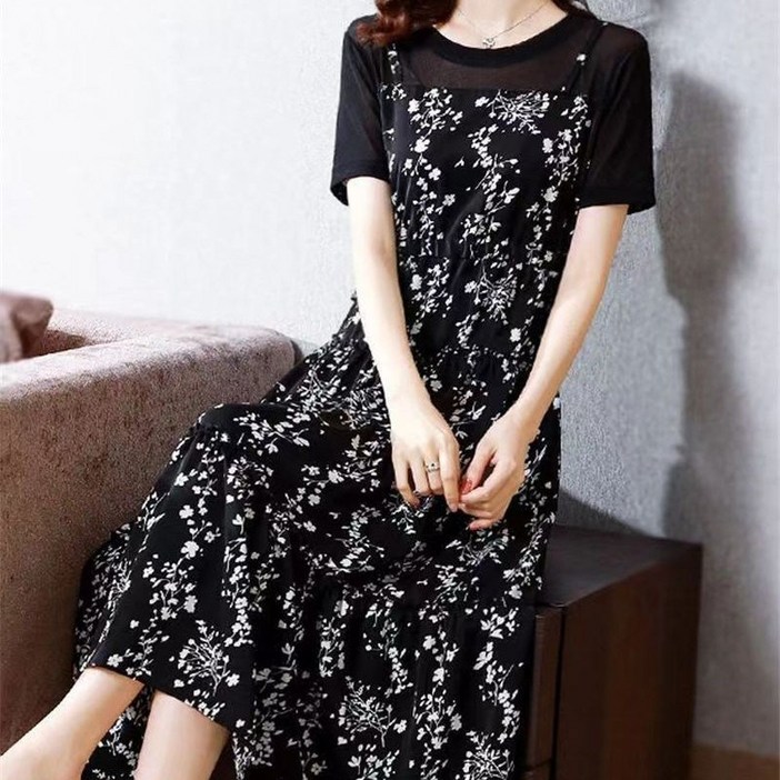 ANYOU 여성 여름 A라인 반팔 쉬폰 원피스 롱원피스