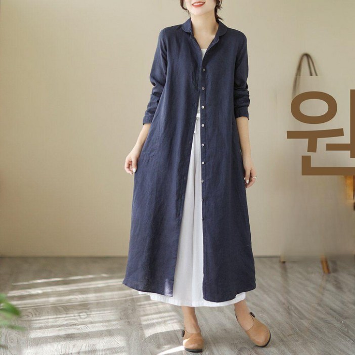 Seofst 여성 내추럴 린넨 셔츠 롱원피스 긴팔 캐주얼