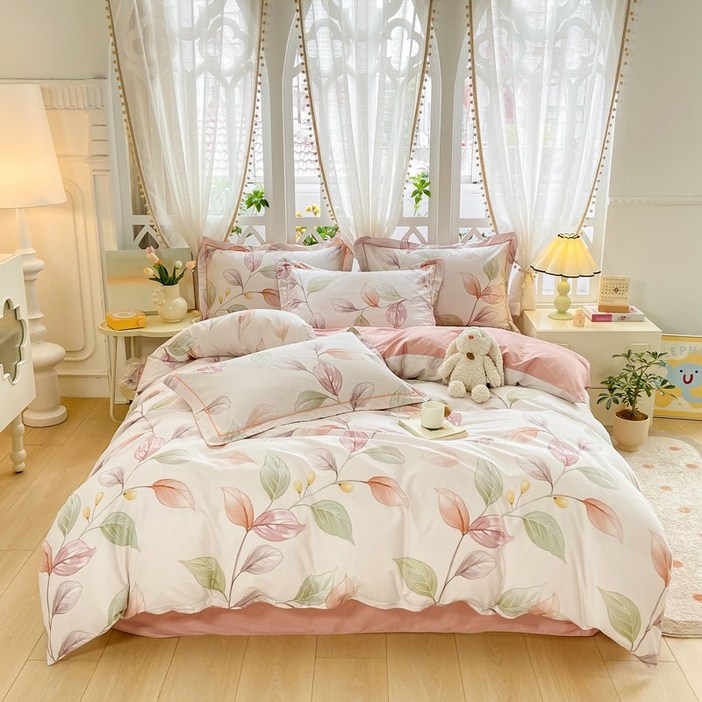 양질의 원단 고밀도 60수 순면 이불커버 이불커버 베개커버 꽃무늬 침구 SSSQ 4color, 핑크 나뭇잎