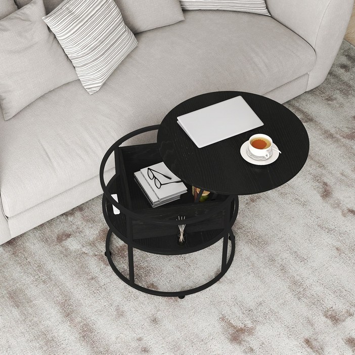 OURLIVE 리프트업 수납 원형 소파테이블, 블랙