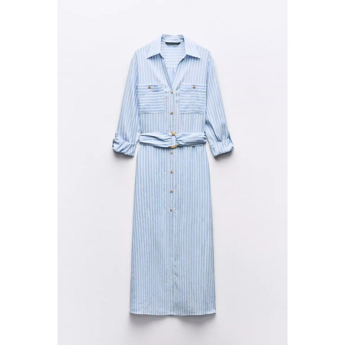 ZARA 여성원피스 데이트룩 링 벨트 린넨 스트라이프 셔츠 드레스