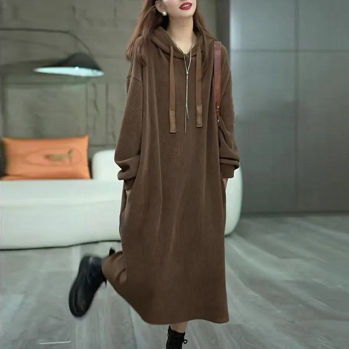 봄가을 여성 루즈핏 솔리드 심플 후드 오버핏 긴팔 롱 맨투맨 H라인 원피스