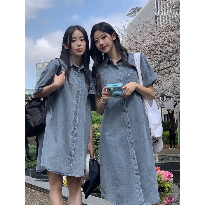 이삼사 여름 카라넥 연청 데님 반팔 원피스 숏롱기장 빅사이즈