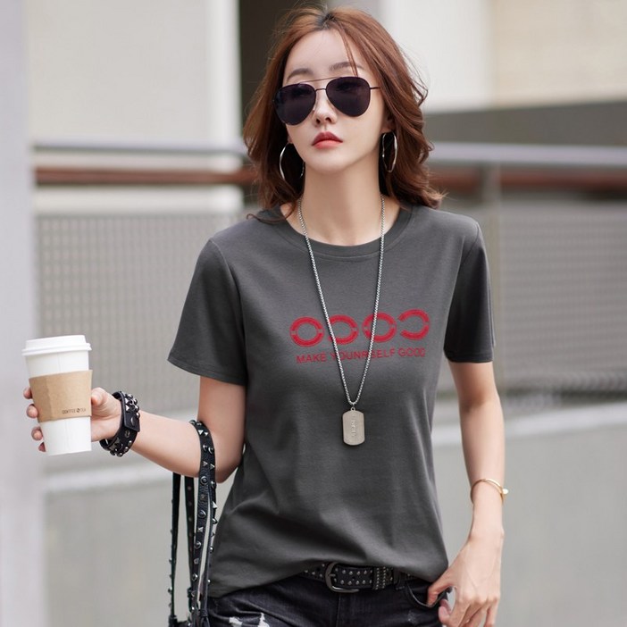 NEW 여름 여성용 패션 유니크 라운드 반팔 티셔츠 슬림핏 반팔 여사 캐주얼 면티 데일리룩 여성의류 5color