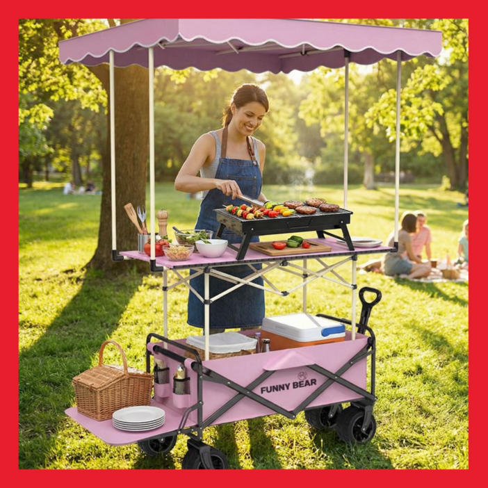 아웃무브 접이식 캠핑 웨건 다기능 탁자 아웃도어 카트 휴대용 야외용, 1개, 핑크고급