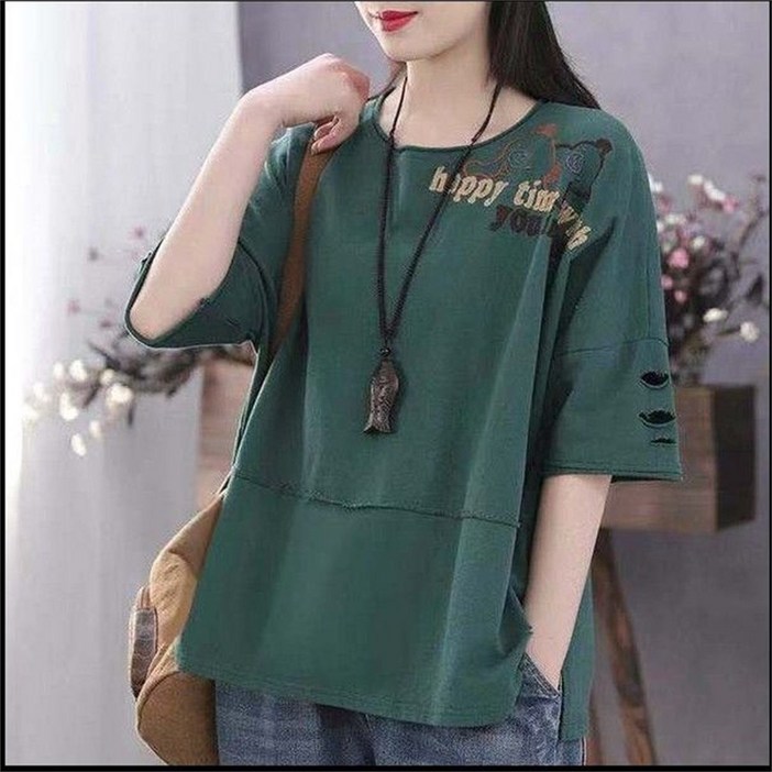 besteffie 반팔티셔츠 여성 여름 라운드넥 루즈핏 레터링 중년여성 반팔티셔츠 엄마옷 빅사이즈 상의  C88