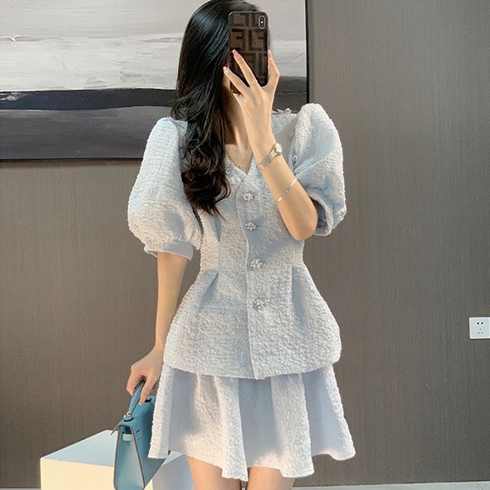 데일리 여성 투피스 세트 패션 슬림핏 트위드 반팔 자켓 + 미니 스커트 여름 캐주얼 여자 하객룩 세트 LCC