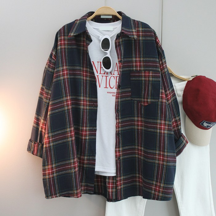 달콩 여성 빅사이즈 봄신상 카라셔츠 아잉체크오버핏롱셔츠