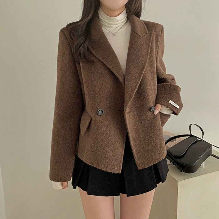 쪼예 캐시 울 카라 더블 버튼 모직 숏 코트 자켓