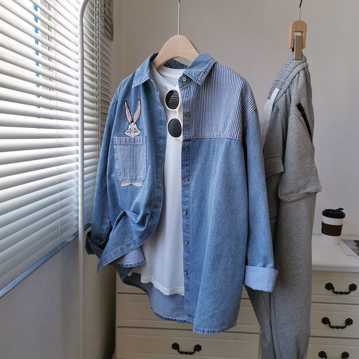 COSYEVNO 청셔츠 여성 빅사이즈 루즈핏 스트라이프 패치 패션 가을 하프 남방 코트