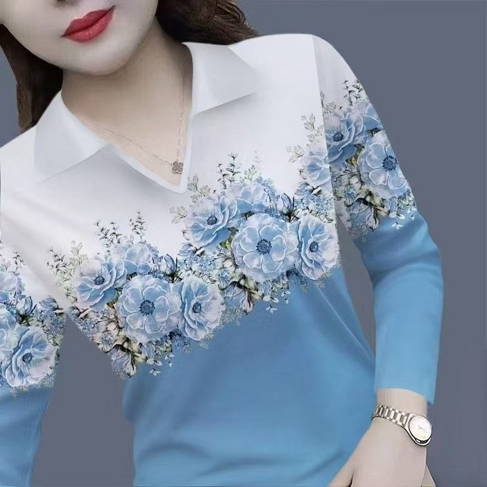 딜마켓 키새티셔츠  여성 꽃무늬 봄가을 긴팔 카라 티셔츠 상의