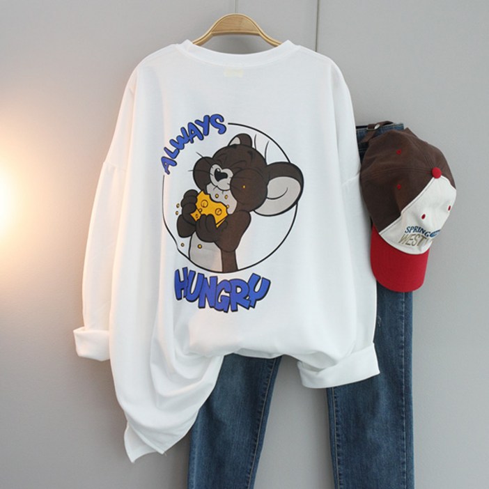 달콩 노랑치즈백나염박스티셔츠 빅사이즈 롱티 라운드 긴팔 데일리룩