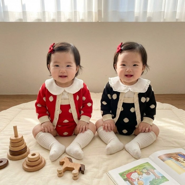 로이앤한나 땡땡이 여아 여자아기 니트 가디건 멜빵슈트 세트
