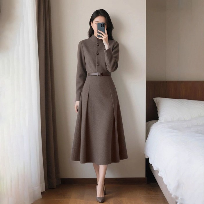 AOKADA 여성 가을 겨울 슬림핏 결혼식 하객룩 오피스룩 플리츠 플레어 롱 원피스