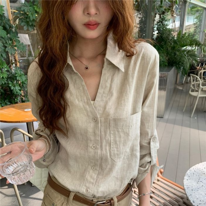 ANYOU 여성 셔츠 루즈핏 자외선차단 데일리 캐주얼 카라넥 긴팔 셔츠
