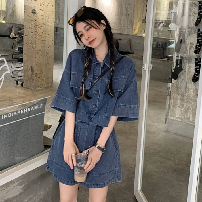아이엠몽 여성 루즈핏 레트로 데님 투피스 세트