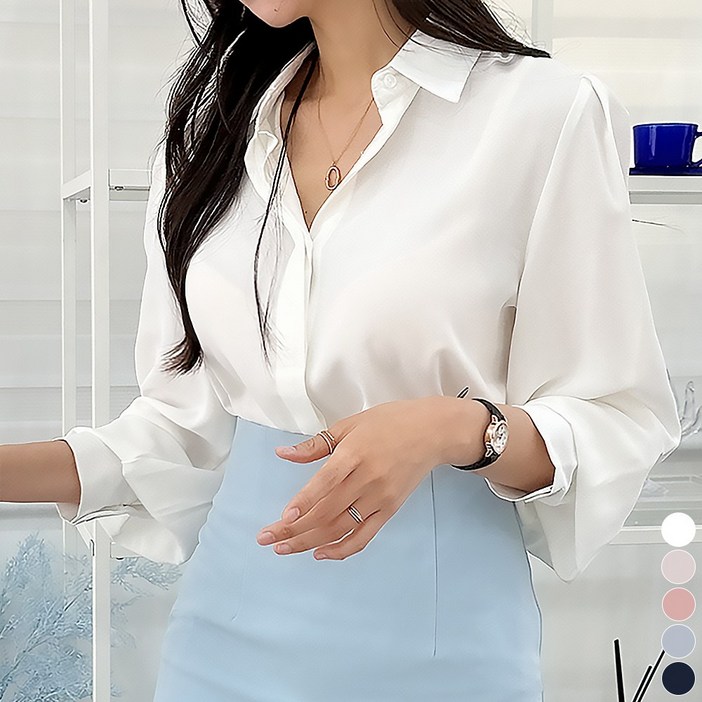 끌로이 여성 구김없는 링클프리 어깨 퍼프 블라우스 히든단추 소매 셔링 카라 긴팔 셔츠 데일리 오피스룩 5컬러 빅사이즈까지