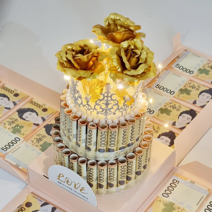서프라이즈 용돈박스 생신 생일 용돈이벤트 (페이크머니, LED, 돈봉투), 1개, 골드