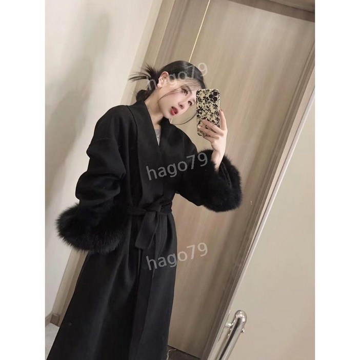 검은 여우 모피 양면 캐시미어 코트 햅번 스타일 하이 엔드 울 모직