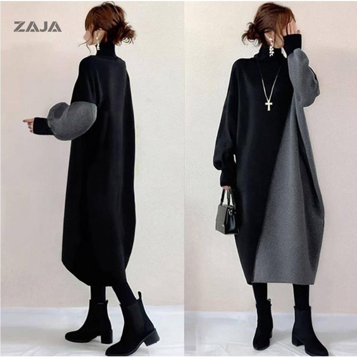 ZAJA 여성 하이넥 롱 원피스  긴팔 루즈핏 부드러운 패치 니트 원피스