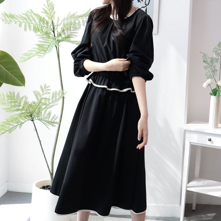 메리앤유 배색 파이핑 프릴 디테일 정장 하객 모임 룩 스판 원피스