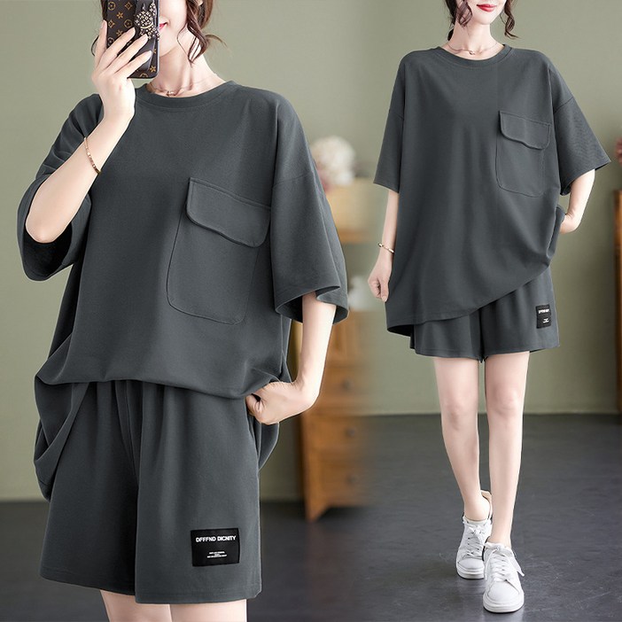 ANYOU 여름 오버핏 트레이닝 투피스 빅사이즈  패션 반팔티 반바지세트