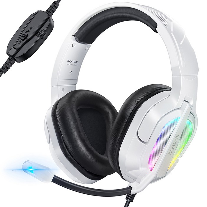 Krysenix 게이밍 헤드셋 pc 유선, PG2, 화이트 블랙