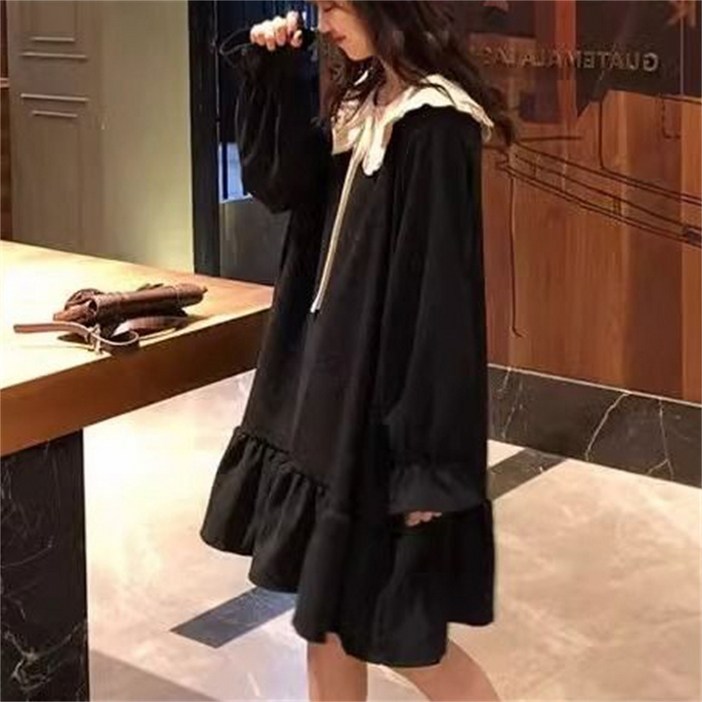 TKX 귀여운 루즈핏 긴팔 원피스 귀여운 칼라 프릴 디테일 미디 드래스 봄 가을 여성 의상 루즈핏 KC69