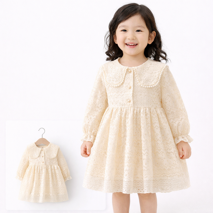 유아 여아 레이스 빅카라 원피스 아동 진주 단추 공주 드레스