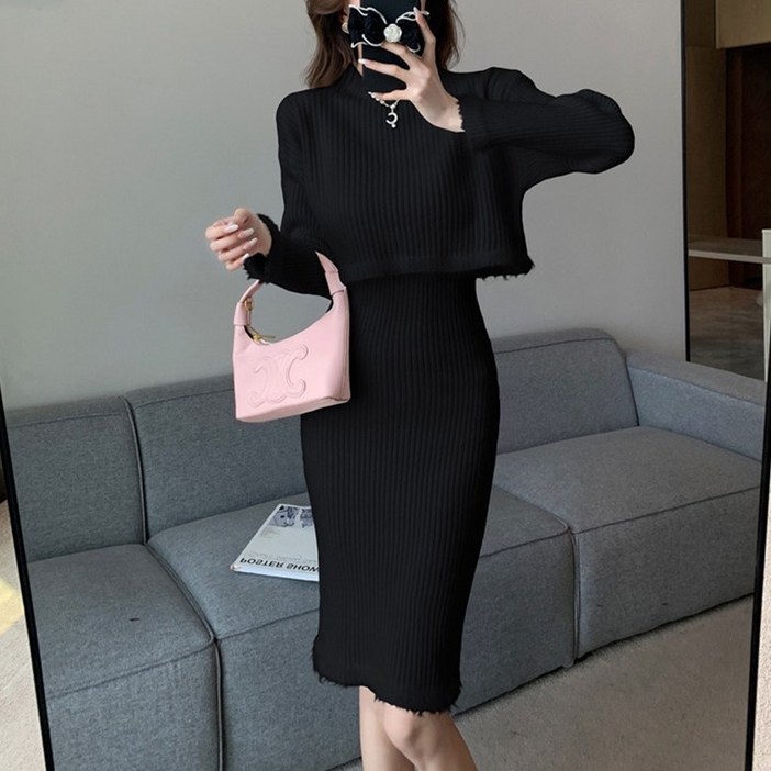 슬림소녀 여성 심플 통근 라운드넥 단색 스웨터 끈나시 미디 힙업 원피스 투피스 세트